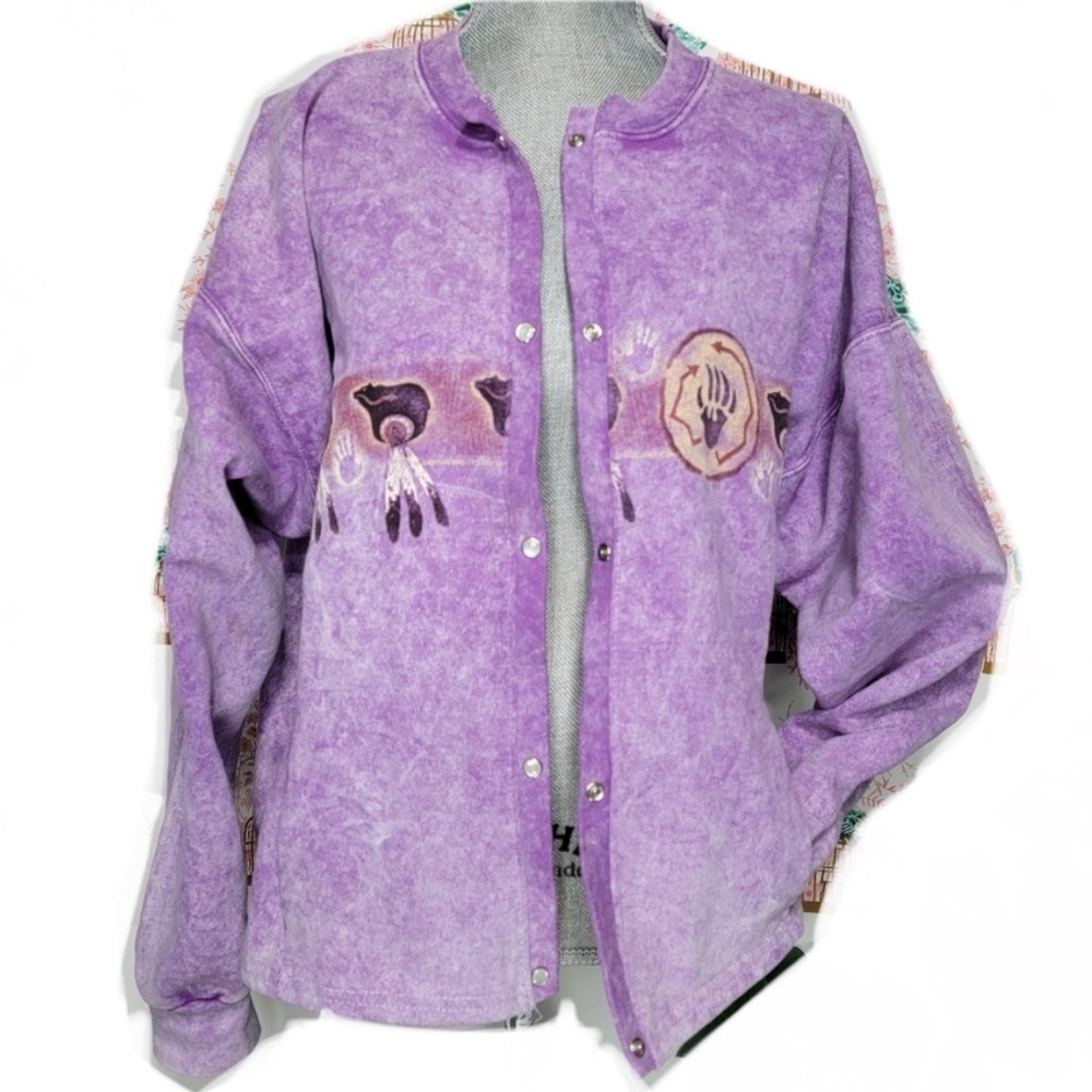 Stone Aged Rockwear stonewashed cotton blend purple snap closure print sweater